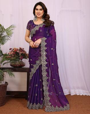 Purple chiffon sequence work saree with matching blouse piece 1