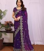 Purple chiffon sequence work saree with matching blouse piece