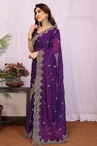 Purple chiffon sequence work saree with matching blouse piece