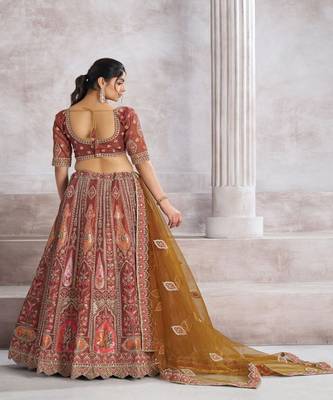 Embroidered Thread Work Semi Stitched Lehenga & Unstitched Blouse With Dupatta 3