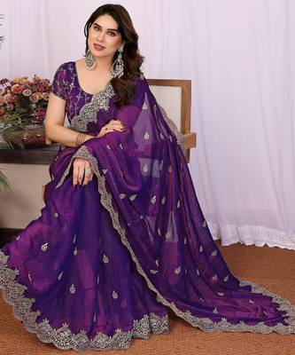 Purple chiffon sequence work saree with matching blouse piece 4