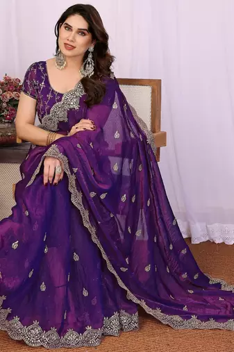Purple chiffon sequence work saree with matching blouse piece