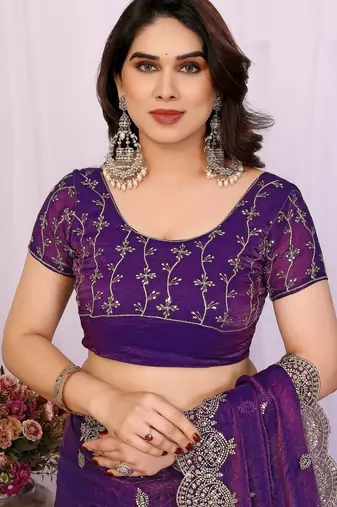 Purple chiffon sequence work saree with matching blouse piece