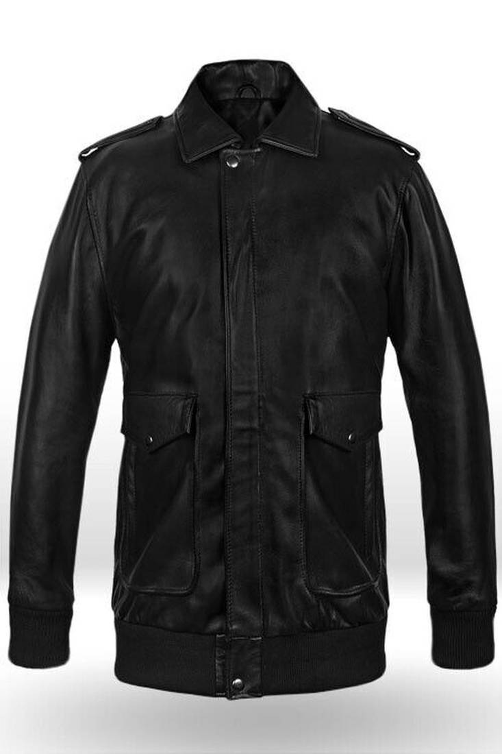 Classic vintage black stylish pure lambskin leather jacket 2 pockets button