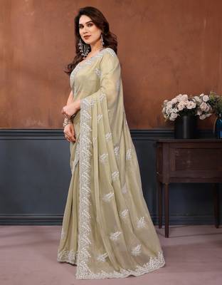 Yellow georgette embroidery resham work saree with matching blouse piece 2