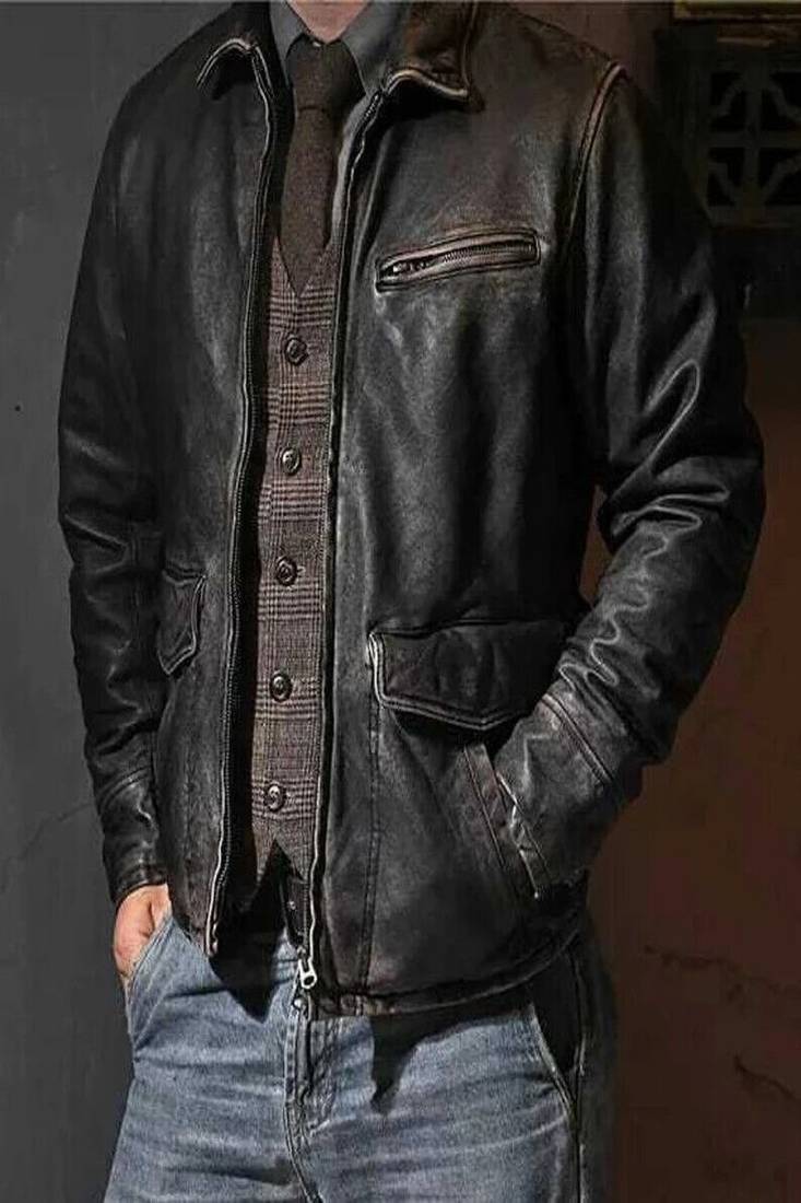 Mens genuine classic vintage black stylish pure lambskin leather jacket