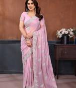 Pink georgette embroidery resham work saree with matching blouse piece