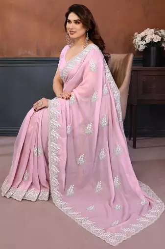Pink georgette embroidery resham work saree with matching blouse piece