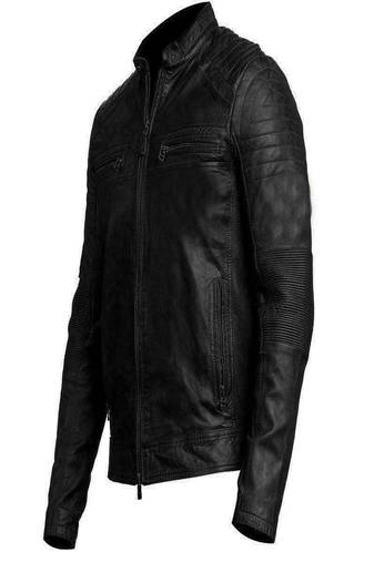 men's black premium lambskin leather jacket quilted shoulder detailing exclusive