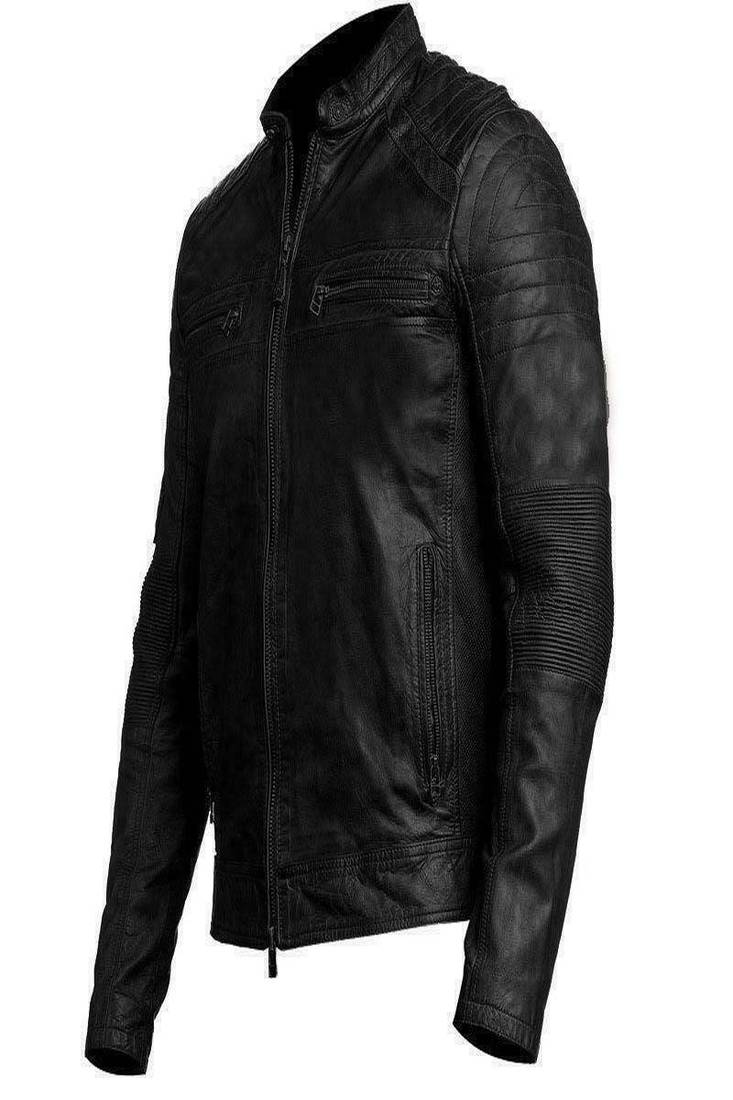 Mens genuine quilted shoulder classic vintage black stylish pure lambskin leather jacket