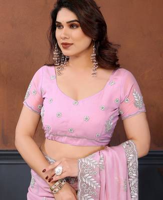 Pink georgette embroidery resham work saree with matching blouse piece 5