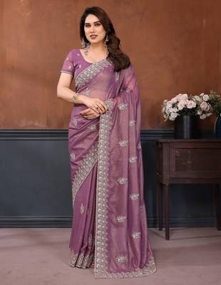 Lavender georgette embroidery coding work saree with matching blouse piece 1