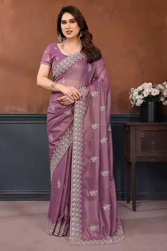 Lavender georgette embroidery coding work saree with matching blouse piece