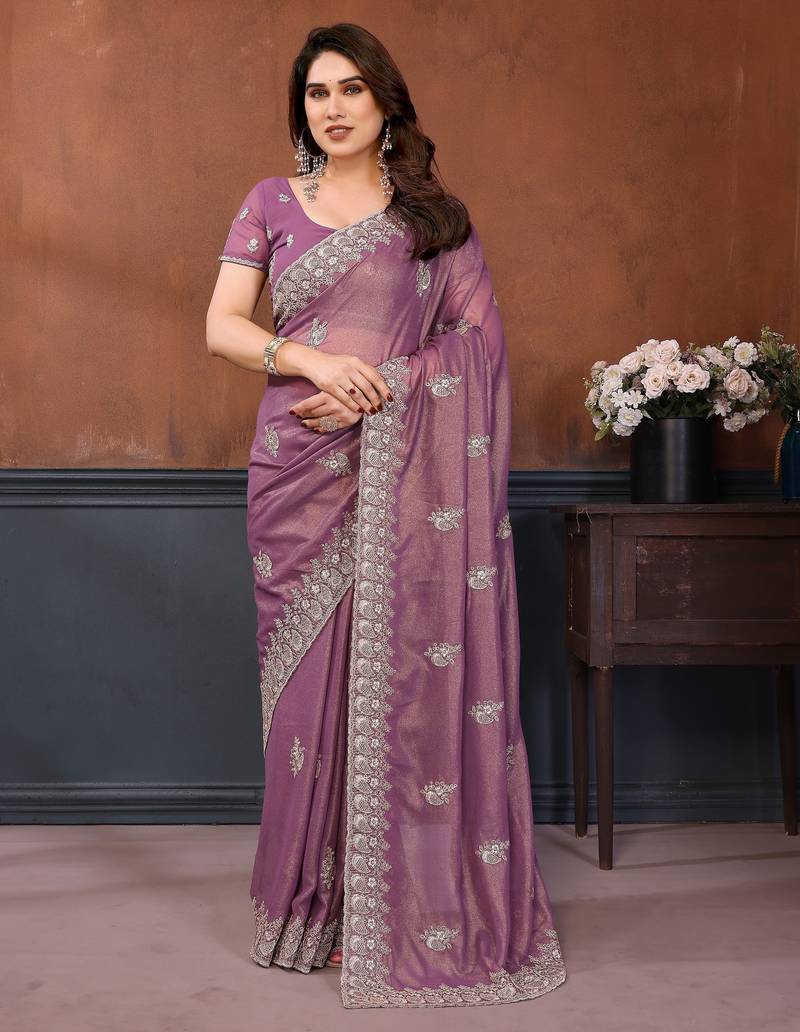 Lavender georgette embroidery coding work saree with matching blouse piece