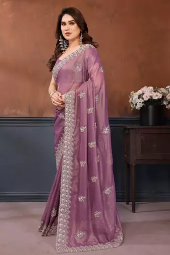 Lavender georgette embroidery coding work saree with matching blouse piece