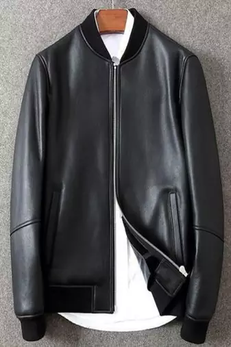 Mens genuine bomber rib collar vintage black stylish pure lambskin leather jacket