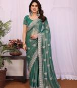 Lighte green georgette embroidery coding work saree with matching blouse piece