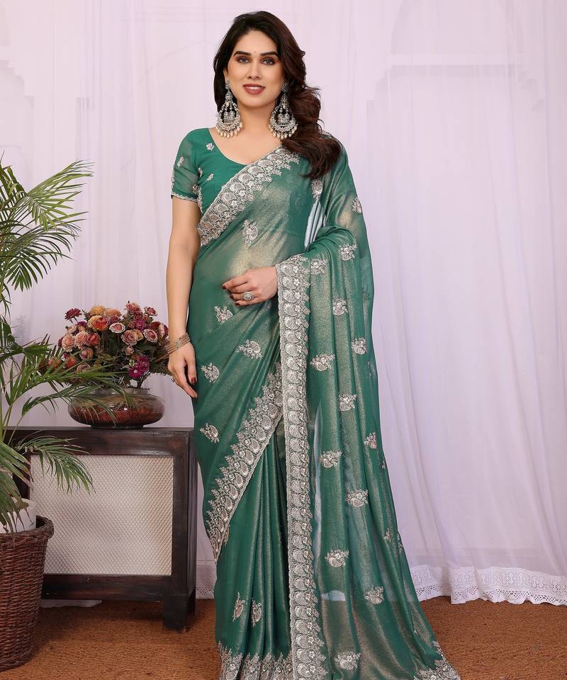Lighte green georgette embroidery coding work saree with matching blouse piece