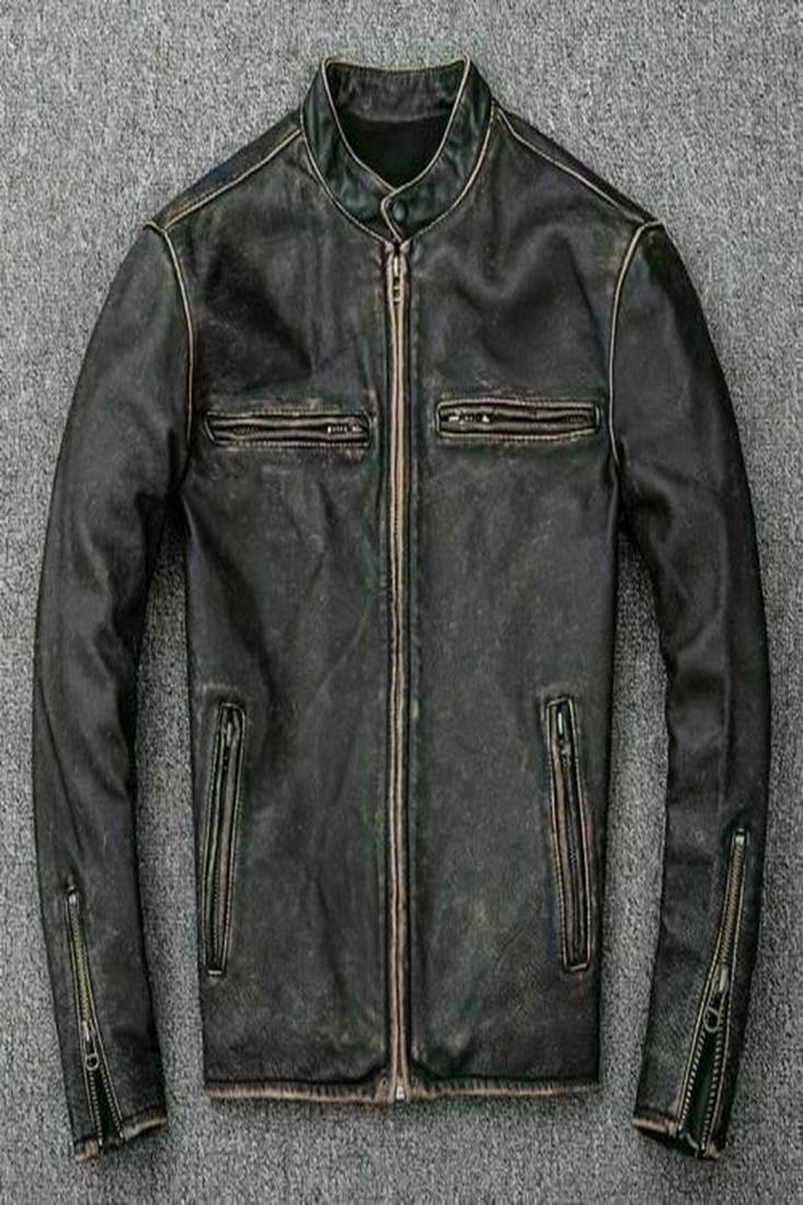 Mens genuine classic vintage black stylish pure lambskin leather jacket biker