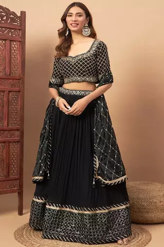 Mirror Embellished Flared  Lehenga With Choli & Dupatta