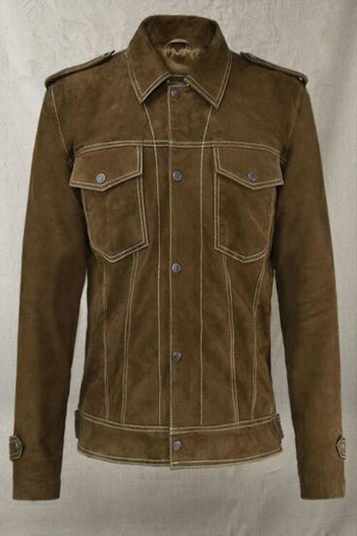 Brown stylish pure lambskin suede leather jacket 2 pockets