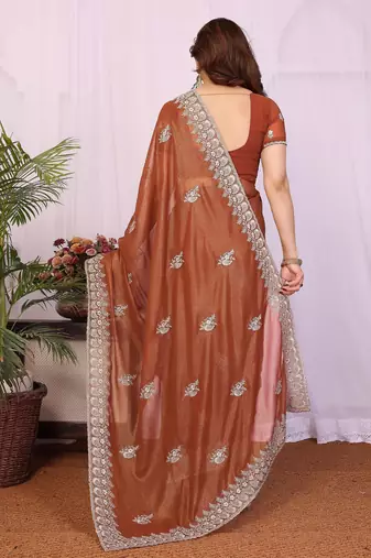 Rust orange georgette embroidery coding work saree with matching blouse piece