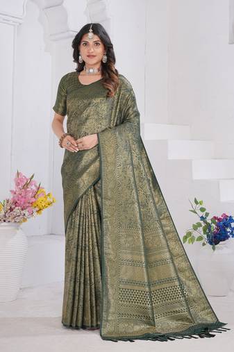 Green Pure Kanjeevaram Silk Blend Rose Floral Woven Zari Design Saree With Blouse