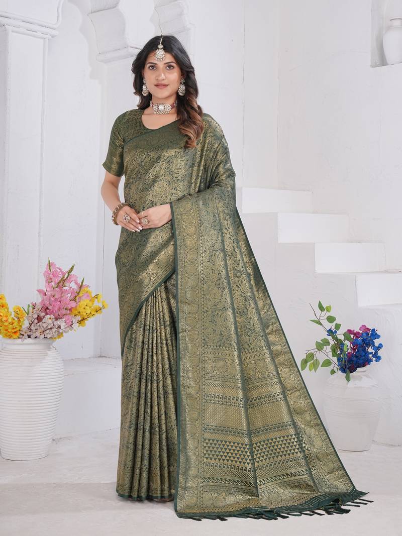 Green Pure Kanjeevaram Silk Blend Rose Floral Woven Zari Design Saree With Blouse