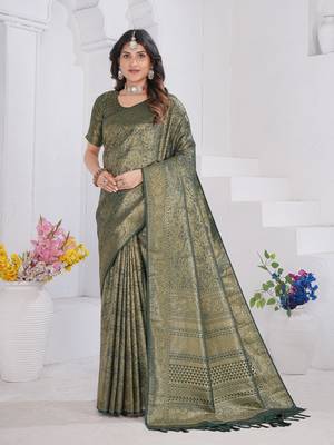 Green Pure Kanjeevaram Silk Rose Floral Woven Zari Design Saree With Blouse 1