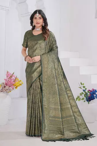 Green Pure Kanjeevaram Silk Blend Rose Floral Woven Zari Design Saree With Blouse