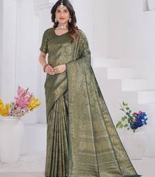 Green Pure Silk Rose Floral Woven Zari Saree Blouse