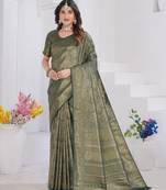 Green Pure Kanjeevaram Silk Rose Floral Woven Zari Design Saree With Blouse