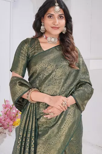Green Pure Kanjeevaram Silk Rose Floral Woven Zari Design Saree With Blouse