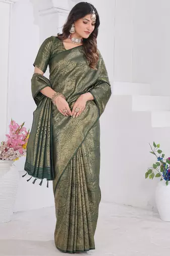 Green Pure Kanjeevaram Silk Rose Floral Woven Zari Design Saree With Blouse
