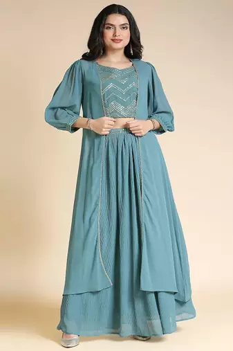 Teal & Gold Toned Embellished Ready to Wear Lehenga Choli with Jacket