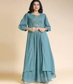 Teal & Gold Toned Embellished Ready to Wear Lehenga Choli with Jacket