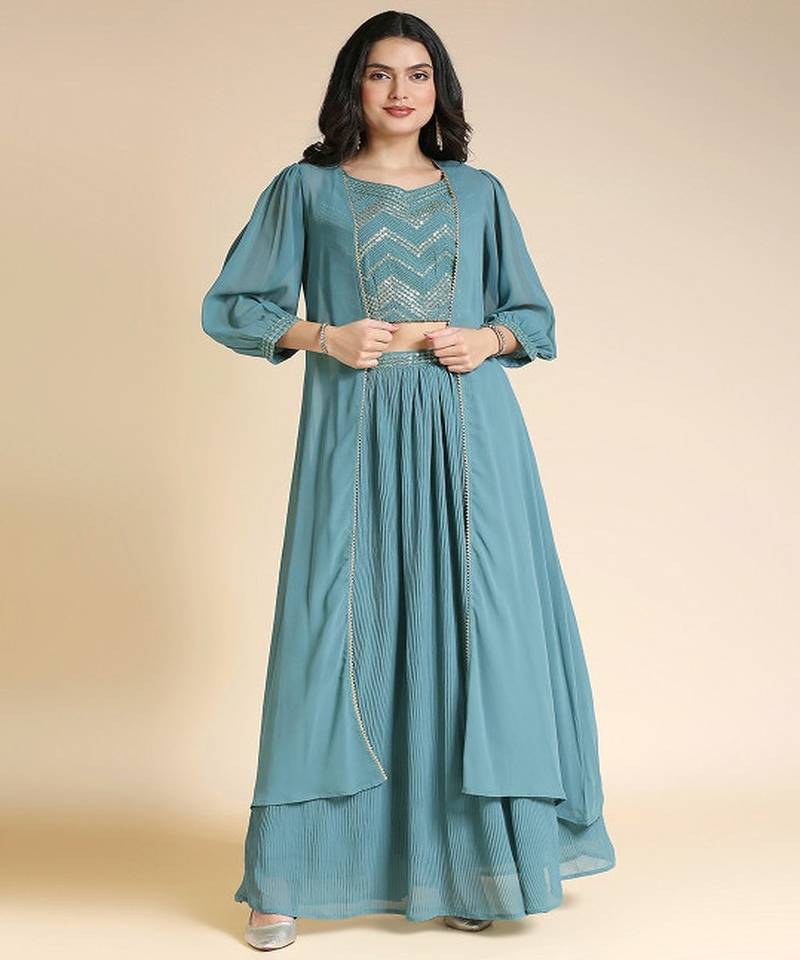 Teal & Gold Toned Embellished Ready to Wear Lehenga Choli with Jacket