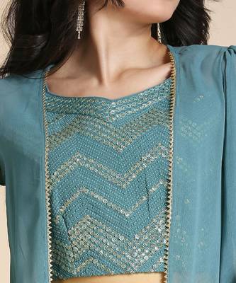 Teal & Gold Toned Embellished Ready to Wear Lehenga Choli with Jacket 2