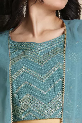 Teal & Gold Toned Embellished Ready to Wear Lehenga Choli with Jacket
