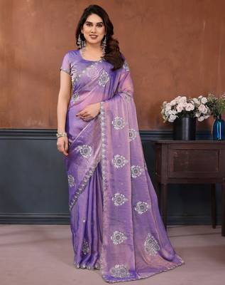 Lavender moss chiffon embroidery work saree with matching blouse piece 1