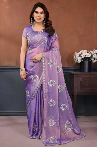 Lavender moss chiffon embroidery work saree with matching blouse piece