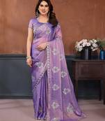 Lavender moss chiffon embroidery work saree with matching blouse piece