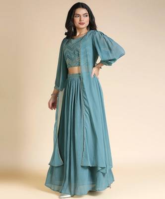 Teal & Gold Toned Embellished Ready to Wear Lehenga Choli with Jacket 3