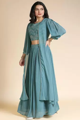 Teal & Gold Toned Embellished Ready to Wear Lehenga Choli with Jacket