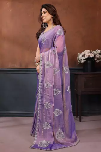 Lavender moss chiffon embroidery work saree with matching blouse piece