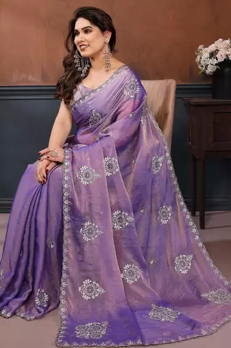 Lavender moss chiffon embroidery work saree with matching blouse piece