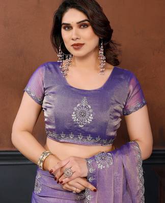 Lavender moss chiffon embroidery work saree with matching blouse piece 5