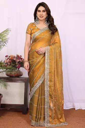Gold chiffon sequence work saree with matching blouse piece