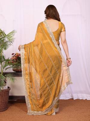 Gold chiffon sequence work saree with matching blouse piece 2