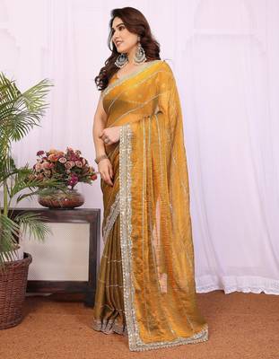 Gold chiffon sequence work saree with matching blouse piece 3